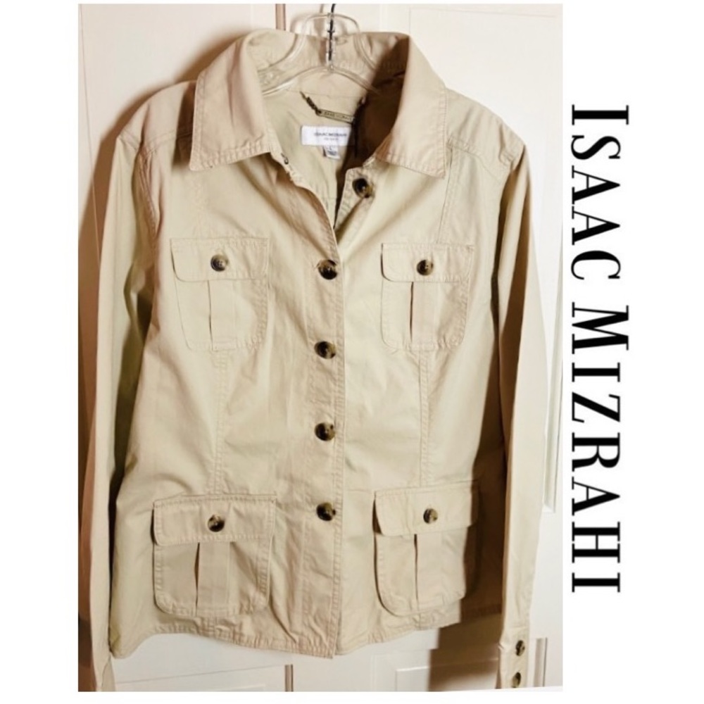 ISSAC MIZRAHI Khaki Button Down Utility Jacket 4 Button Pockets Women’s Size L - Picture 1 of 7